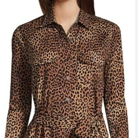 Land’s End Dress Stretch long sleeve button down animal print belt tan black Med - Picture 2 of 10